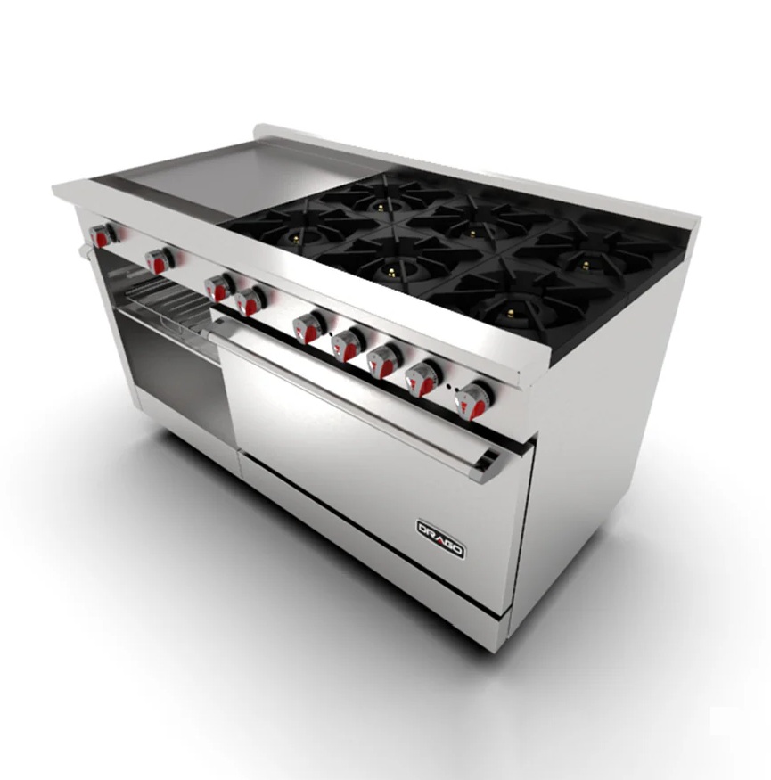 Estufa industrial de acero inoxidable con 6 quemadores, horno y plancha de 61 cm