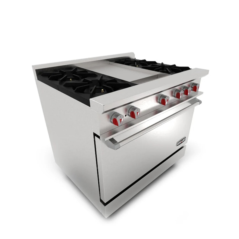 Estufa de gas cuatro quemadores con plancha de 12" y horno