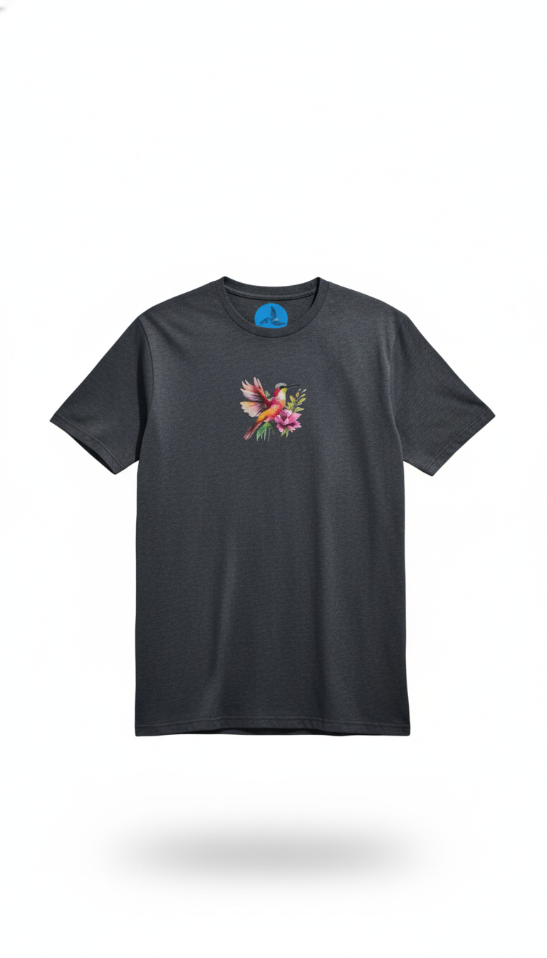 Camiseta negra con diseño de colibrí