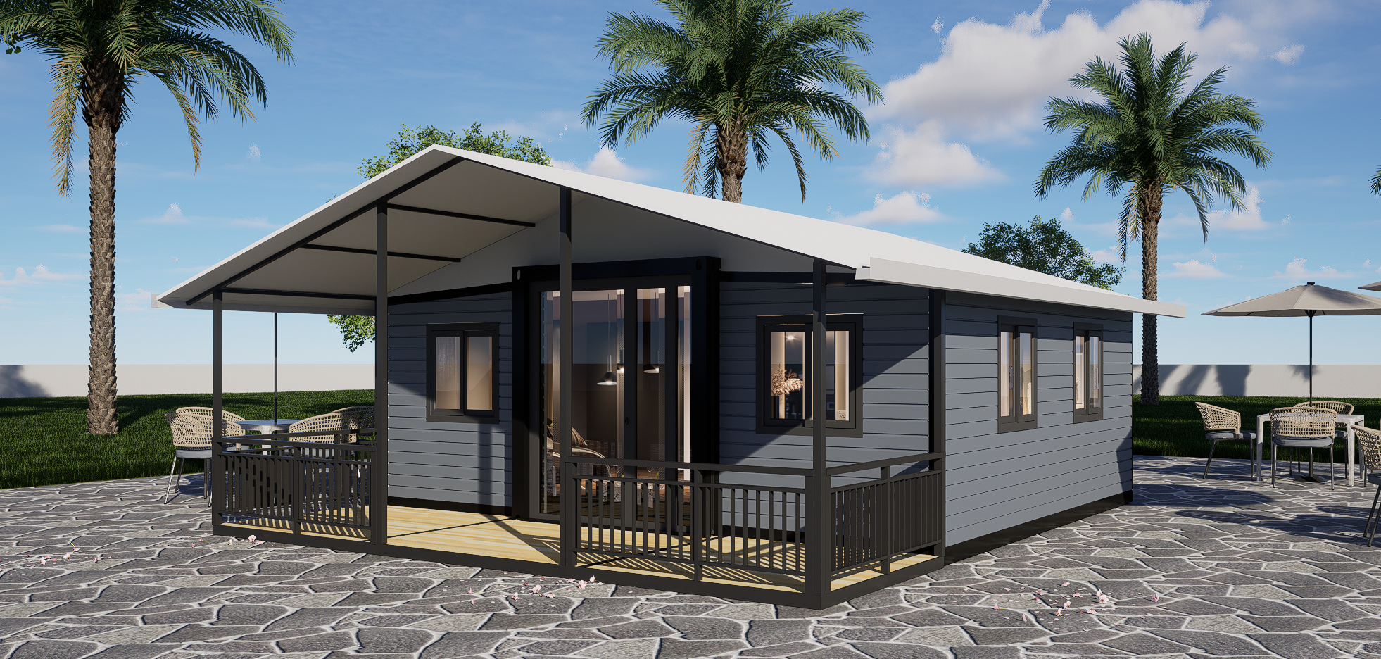 20 feet with terrace, sloped roof, two bedrooms, one living room, one kitchen, one bathroom: high-quality residential home container houses