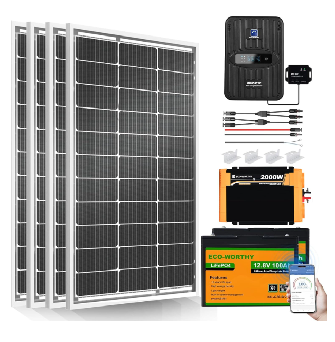 Kit completo de panel solar de 1.6KWH 400W 12V para RV fuera de la red: 400 W + controlador MPPT de 40 A + 2 baterías de litio de 12 paneles solares de 1 V 100 Ah + inversor de potencia