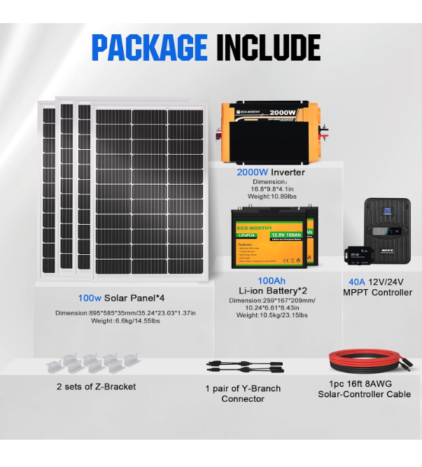 Kit completo de panel solar de 1.6KWH 400W 12V para RV fuera de la red: 400 W + controlador MPPT de 40 A + 2 baterías de litio de 12 paneles solares de 1 V 100 Ah + inversor de potencia