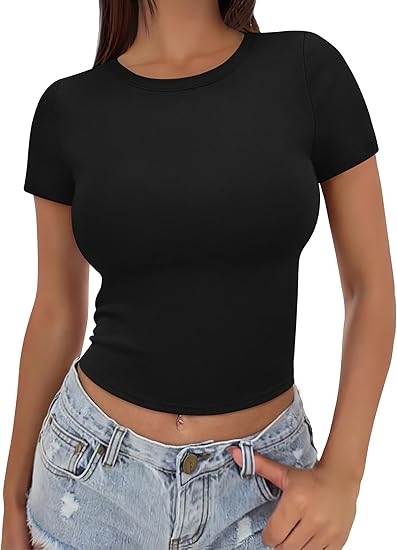 SAMPEEL Crop Tops for Women Summer Trendy Tight Tshirts 2024 Slim Fit