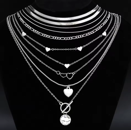 Silver layered heart necklace set