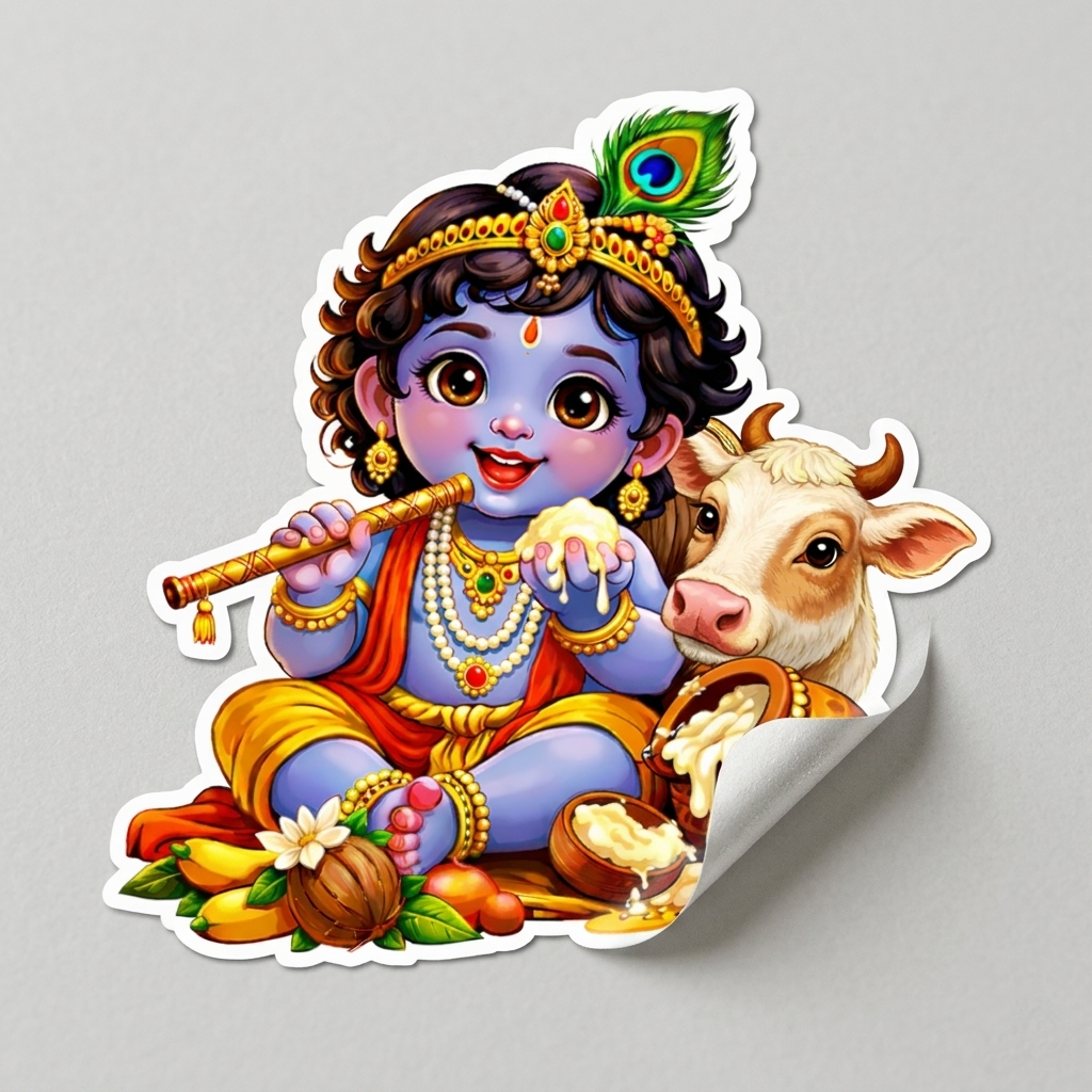 Bal Krishna with Cow Self-Adhesive Wall Sticker (20 x 20 cm)