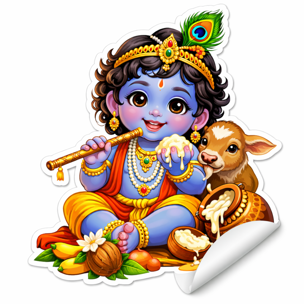 Lord Krishna with Makhan Vinyl Sticker (20 x 22 cm) | Self Adhesive Glossy White Border Die-cut printed for Wall, Laptop, Door, Fridge & Smooth Surfaces