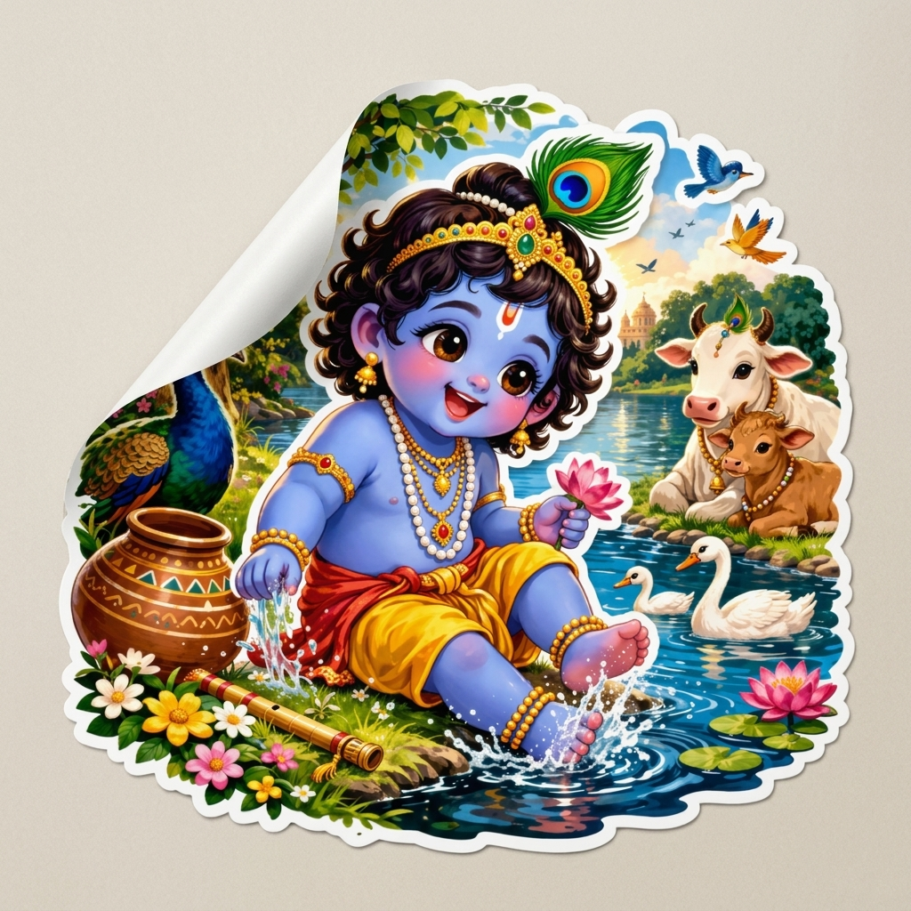 Bal Krishna at Yamuna River with Cow – Self Adhesive Vinyl Sticker (20 x 20 cm)