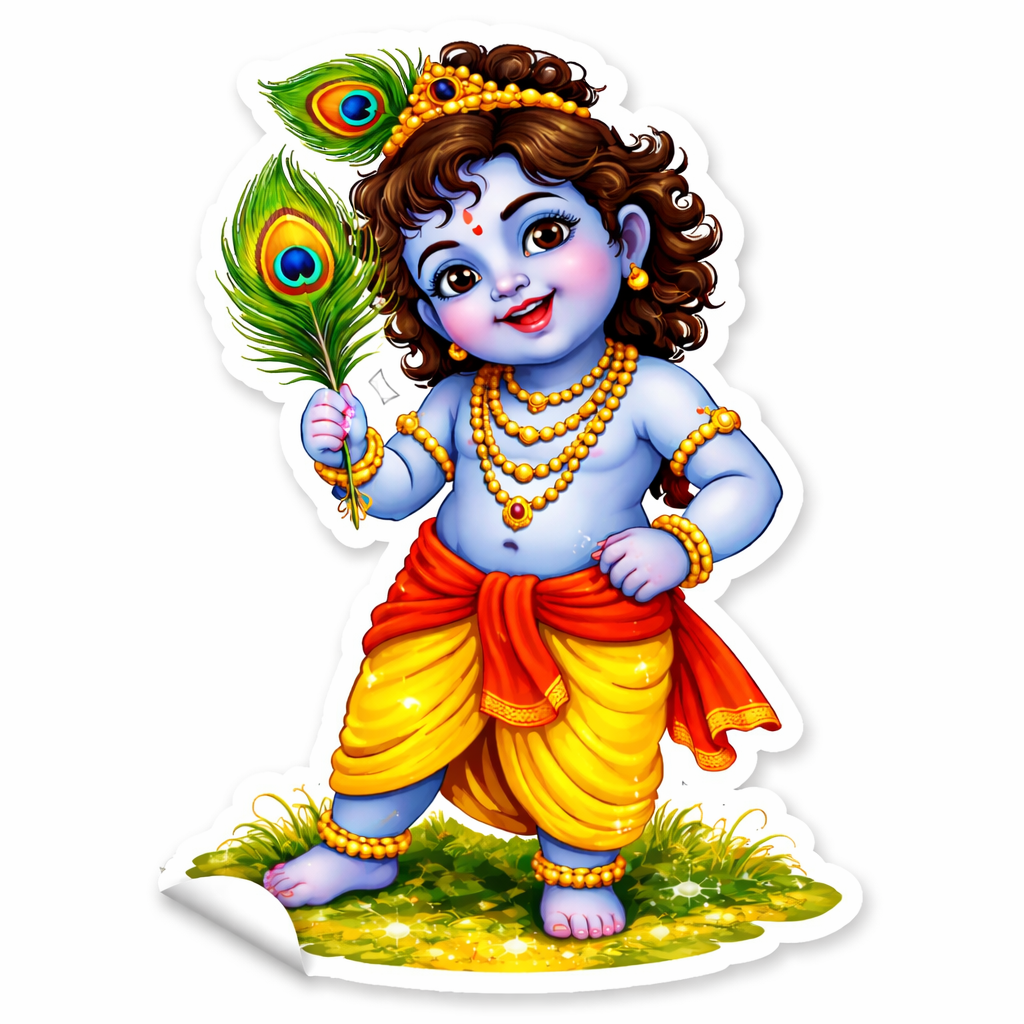 Bal Krishna with Mor Pankh Vinyl Sticker (20 x 27 cm) | Self Adhesive Glossy White Border Die-cut printed for Wall, Laptop, Door, Fridge & Smooth Surfaces