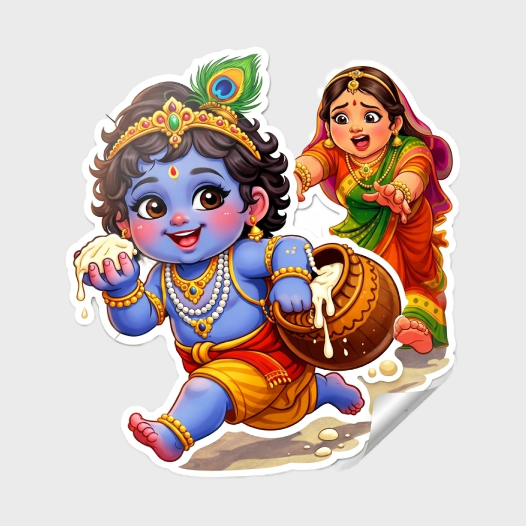 Lord Krishna (Bal Swarup) Premium Glossy Vinyl White Border Sticker (21 CM × 18 CM)