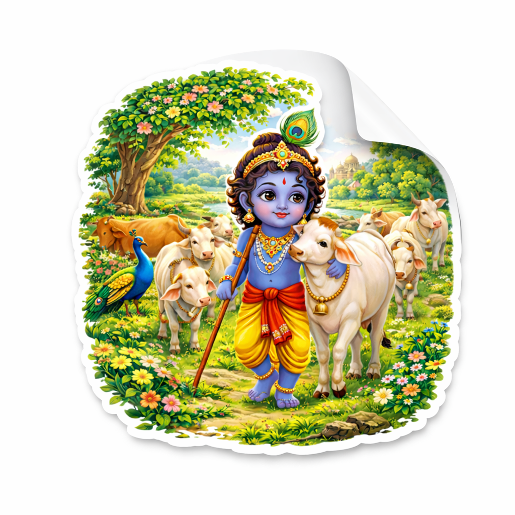 Lord Krishna with Cow and Peacock Decorative Sticker | Self Adhesive Glossy Vinyl Die-cut printed | Waterproof Removable Sticker for Wall, Laptop, Furniture & More | 20 x 19 cm
