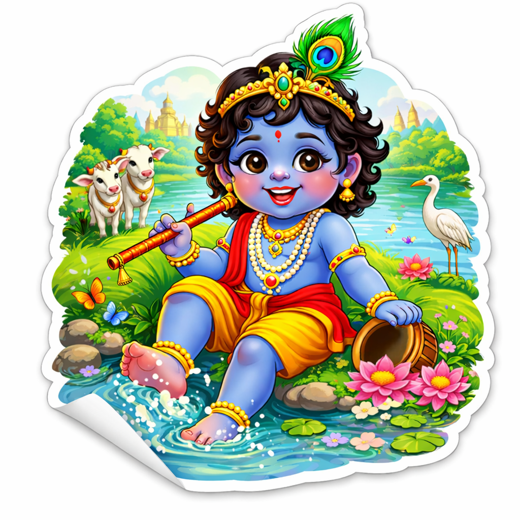 Lord Krishna at Yamuna River Vinyl Sticker with Flowers, Birds & Butterfly | Self-Adhesive Glossy White Border Die-cut printed | 20 x 21 cm
