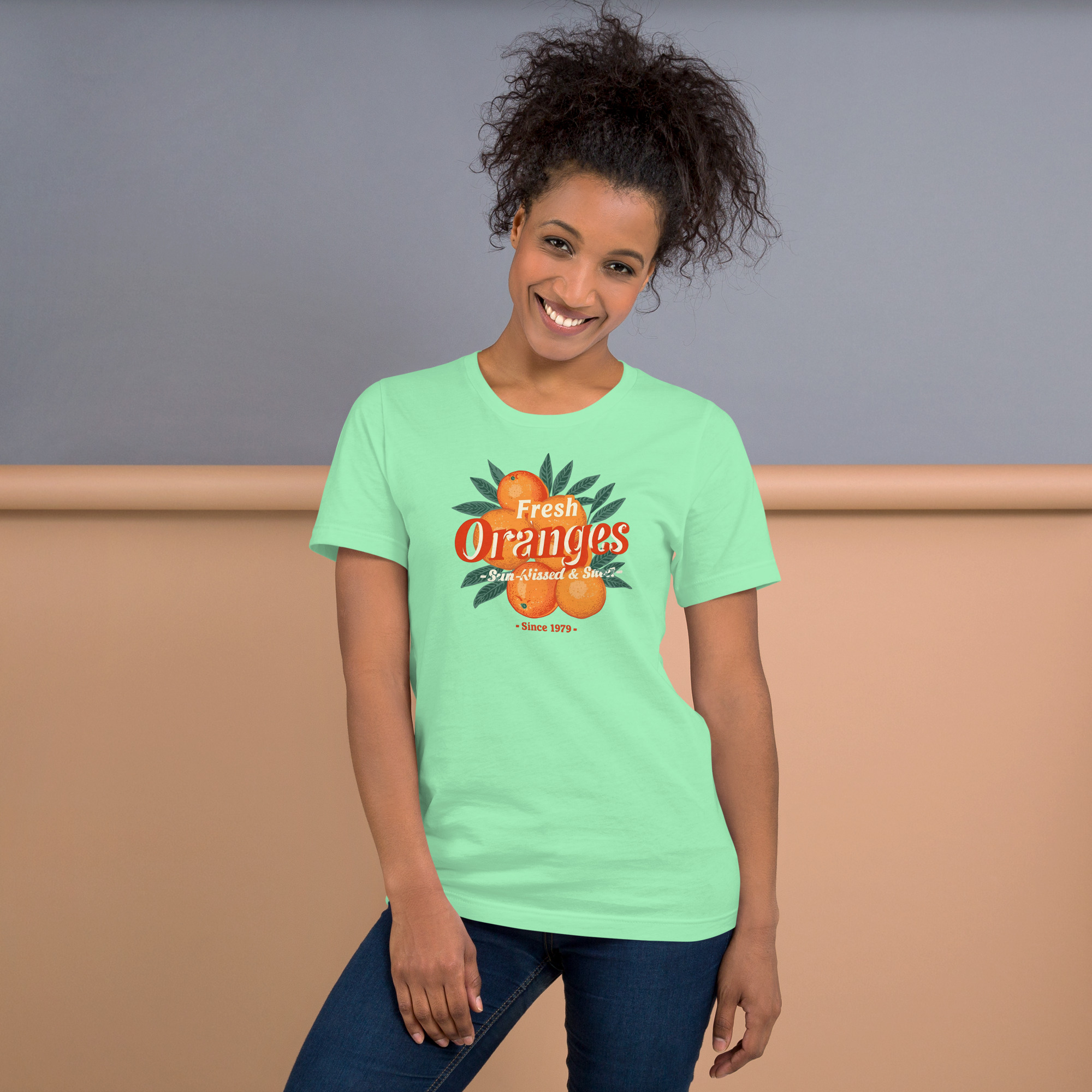 “Fresh Oranges – Sun-Kissed & Sweet” with retro typography and hand-painted oranges Unisex t-shirt