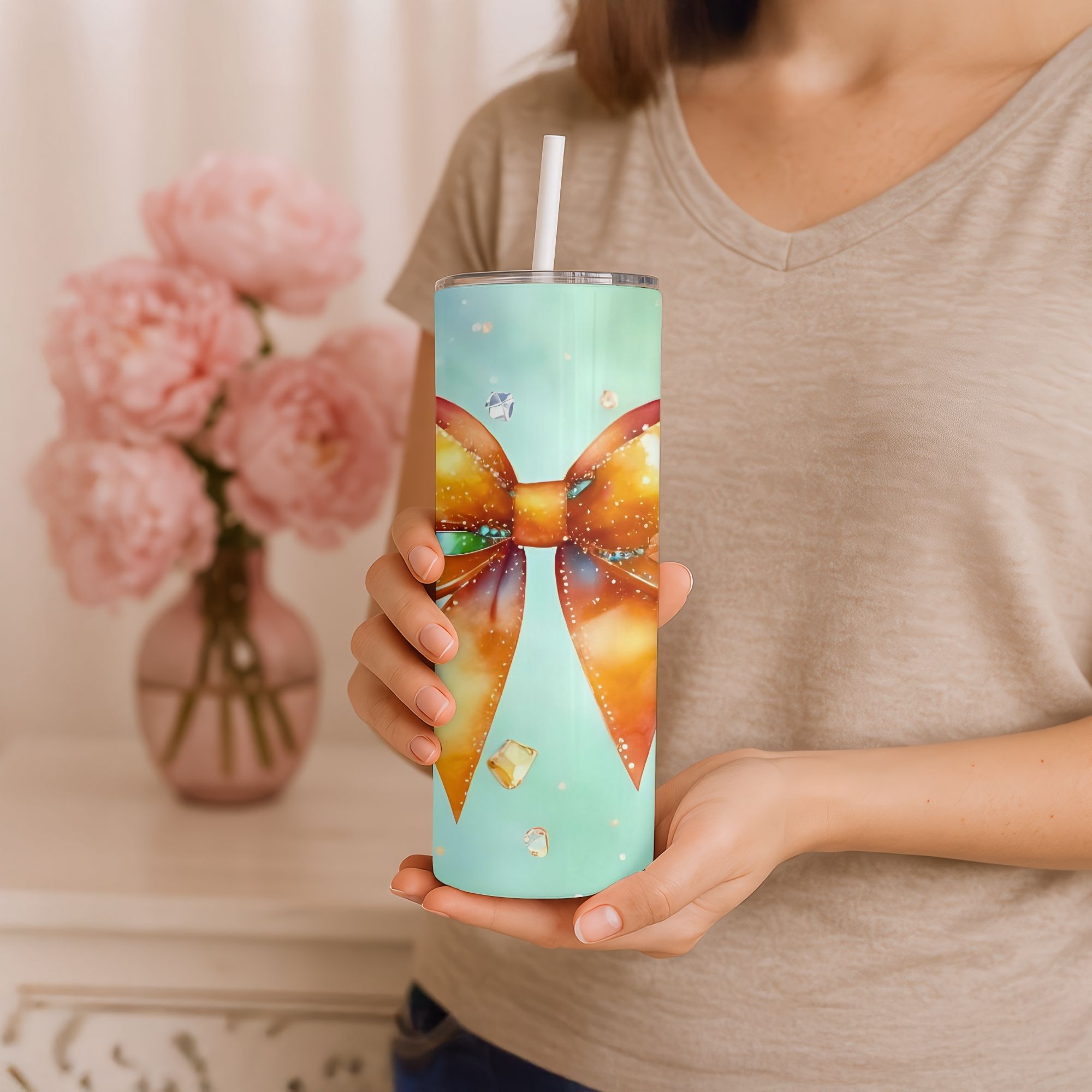 Watercolour Embellished Orange Bow 8 Tumbler wrap | Digital Downloads | Sublimation