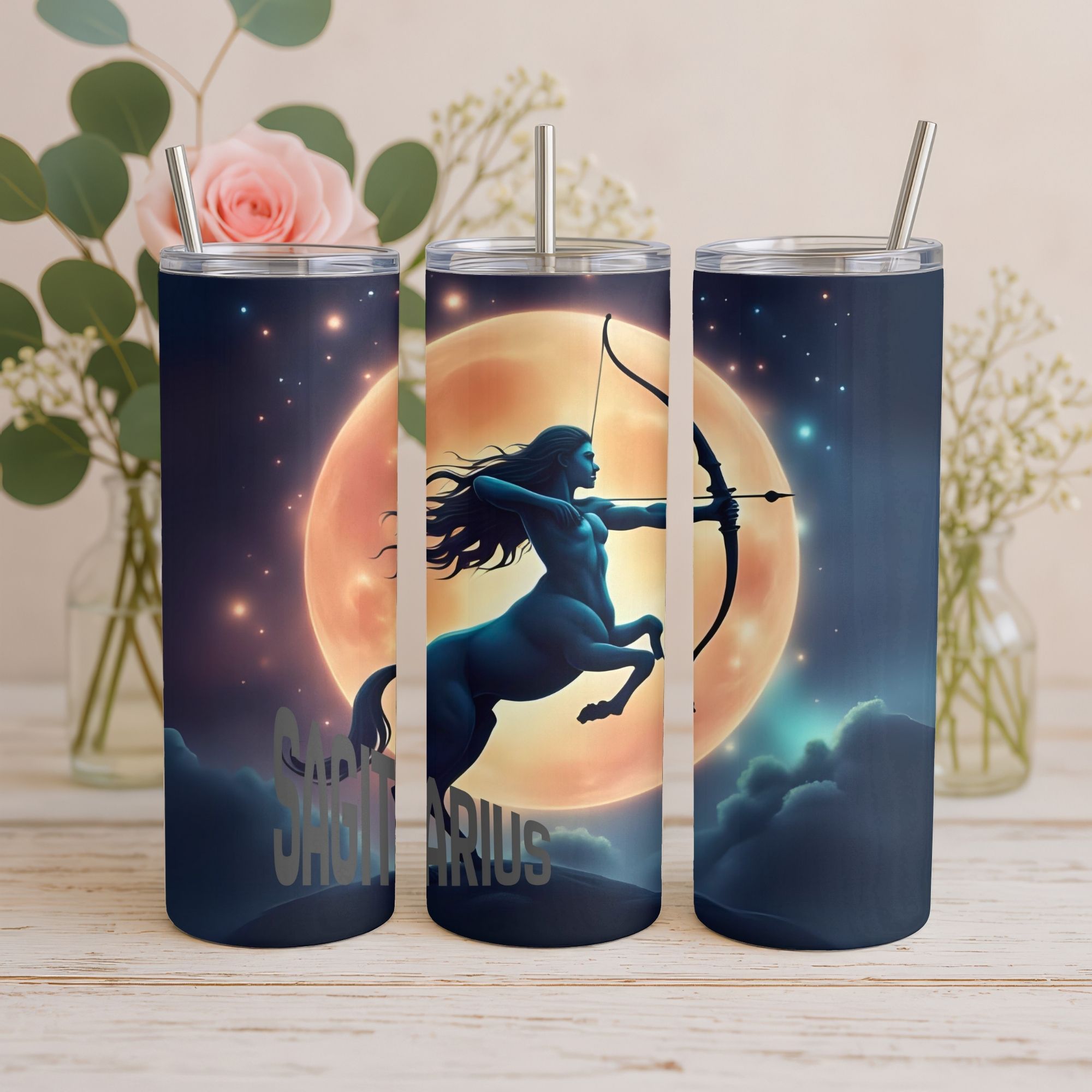 Galaxy Moon Stainless Steel Sagittarius Sign Tumbler | 20oz Skinny/ Straight PNG | Horoscope Sign design | Digital Download