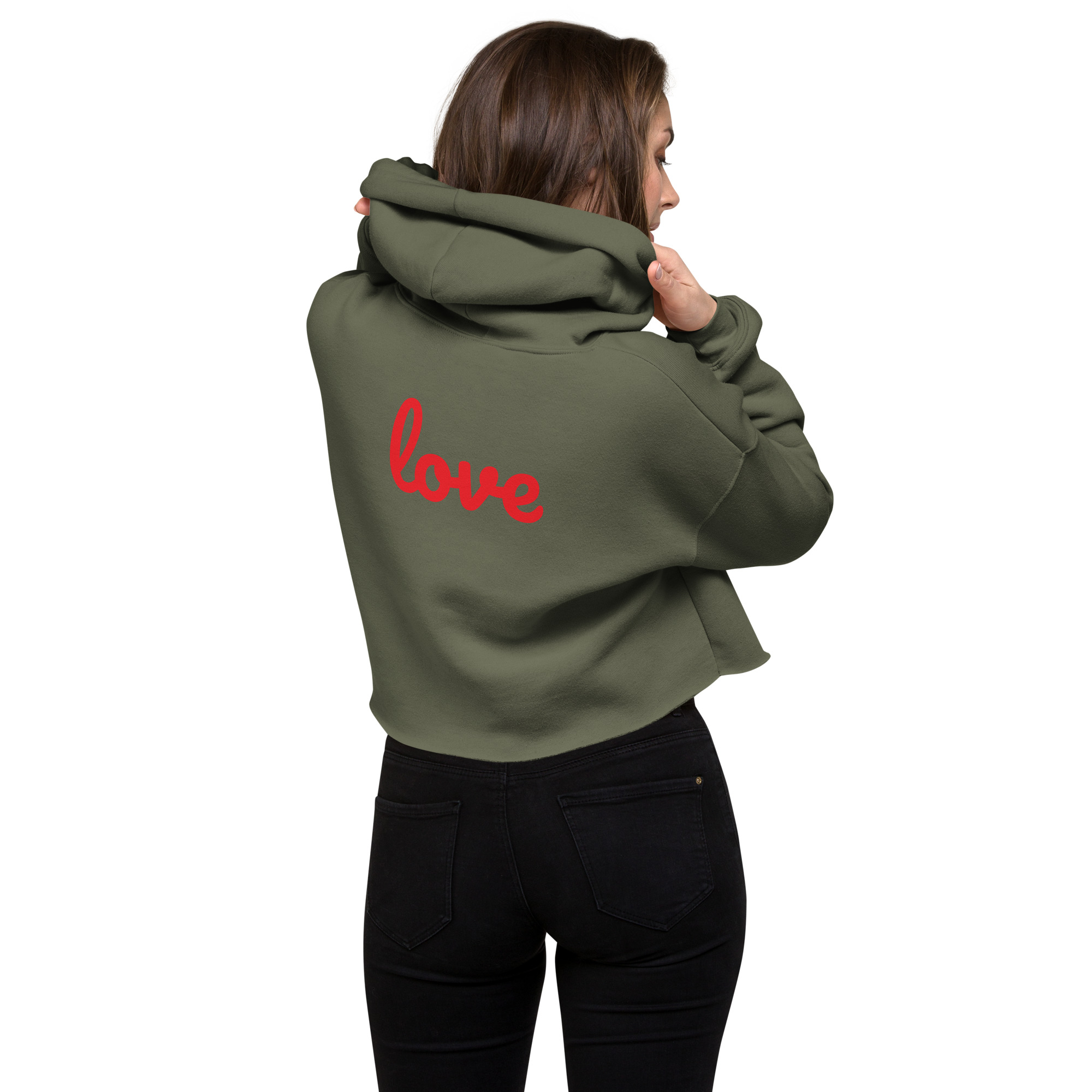 Women's Fleece Crop Hoodie with Red Bow and Love on the back Design