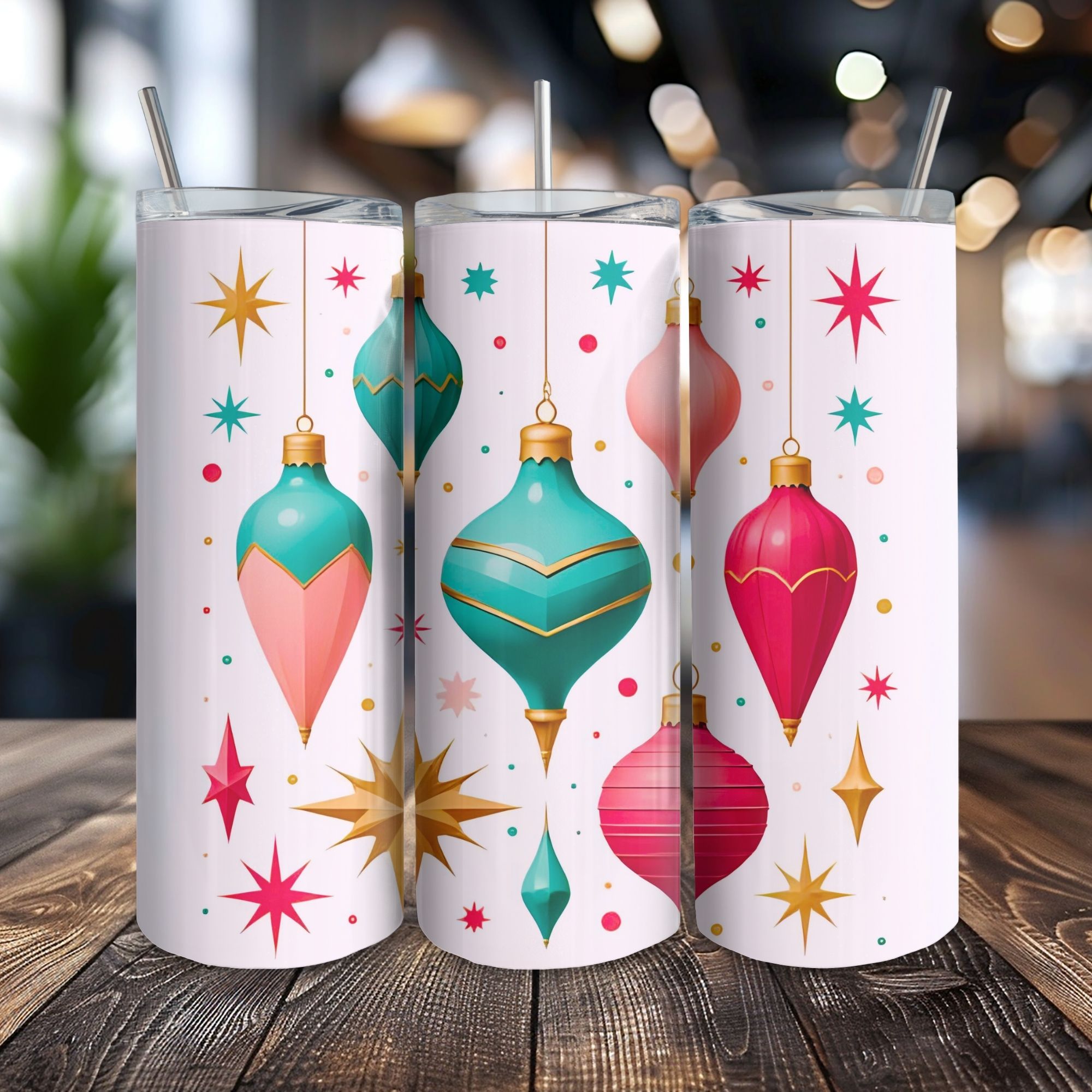 5 Christmas Ornament Tumbler Set. Sublimation Tumble Wraps | 20oz Skinny/ Straight PNG | Digital Download