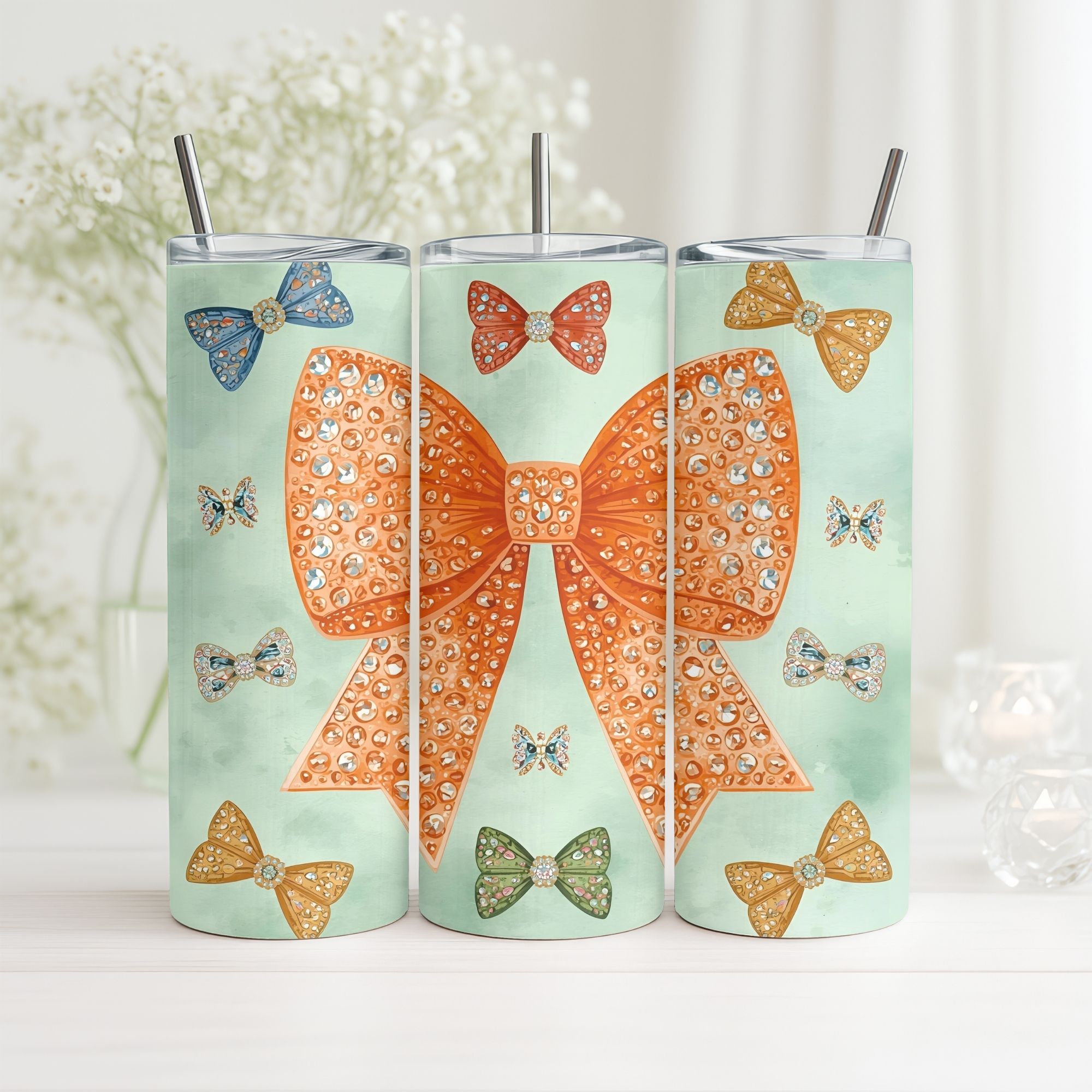 Watercolour Embellished Orange Bow 8 Tumbler wrap | Digital Downloads | Sublimation