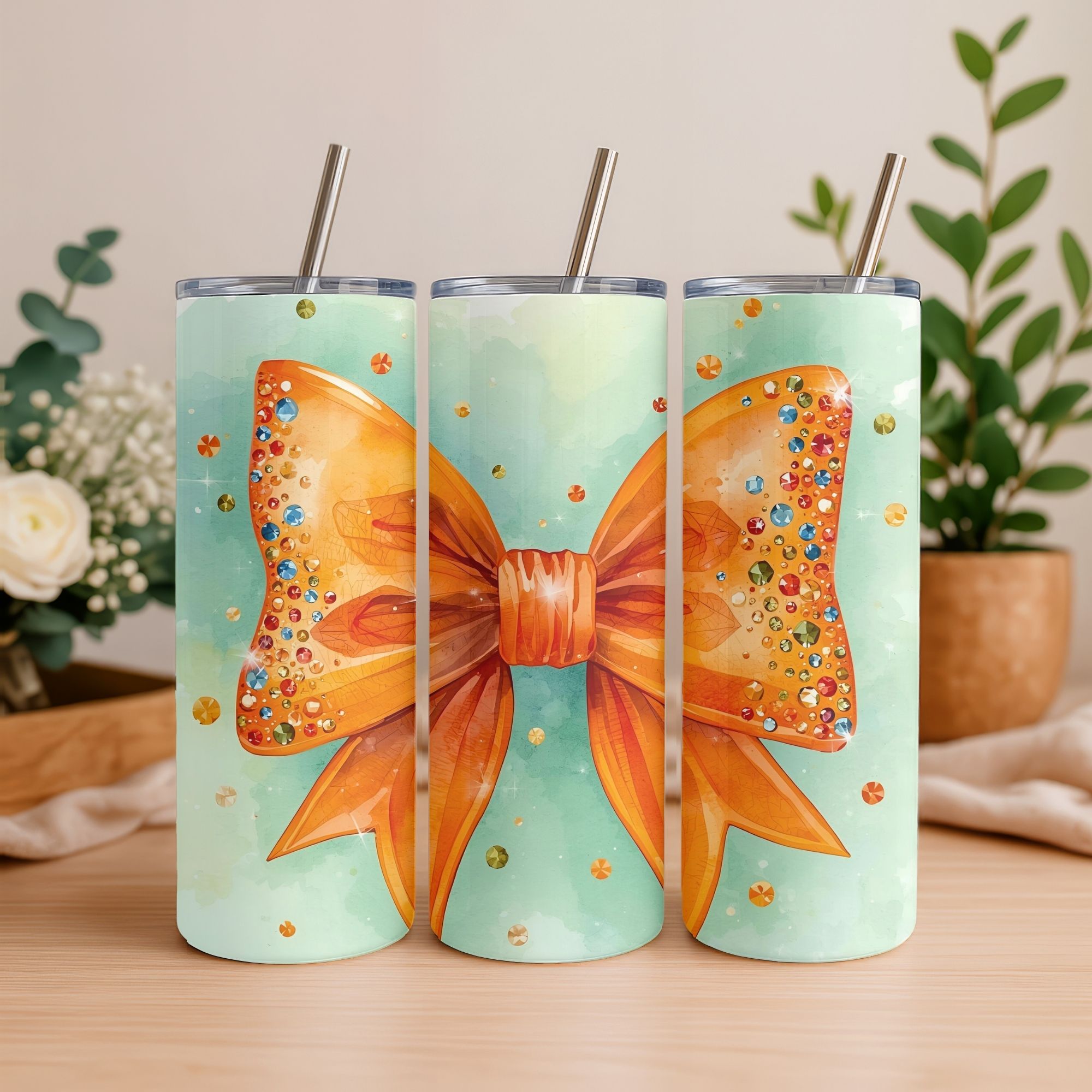 Watercolour Embellished Orange Bow 8 Tumbler wrap | Digital Downloads | Sublimation