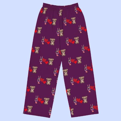 Purple Dog Print Pyjama Pants. All-over print unisex wide-leg pants ''Peace, Love, Dogs''