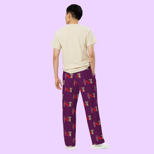 Purple Dog Print Pyjama Pants. All-over print unisex wide-leg pants ''Peace, Love, Dogs''
