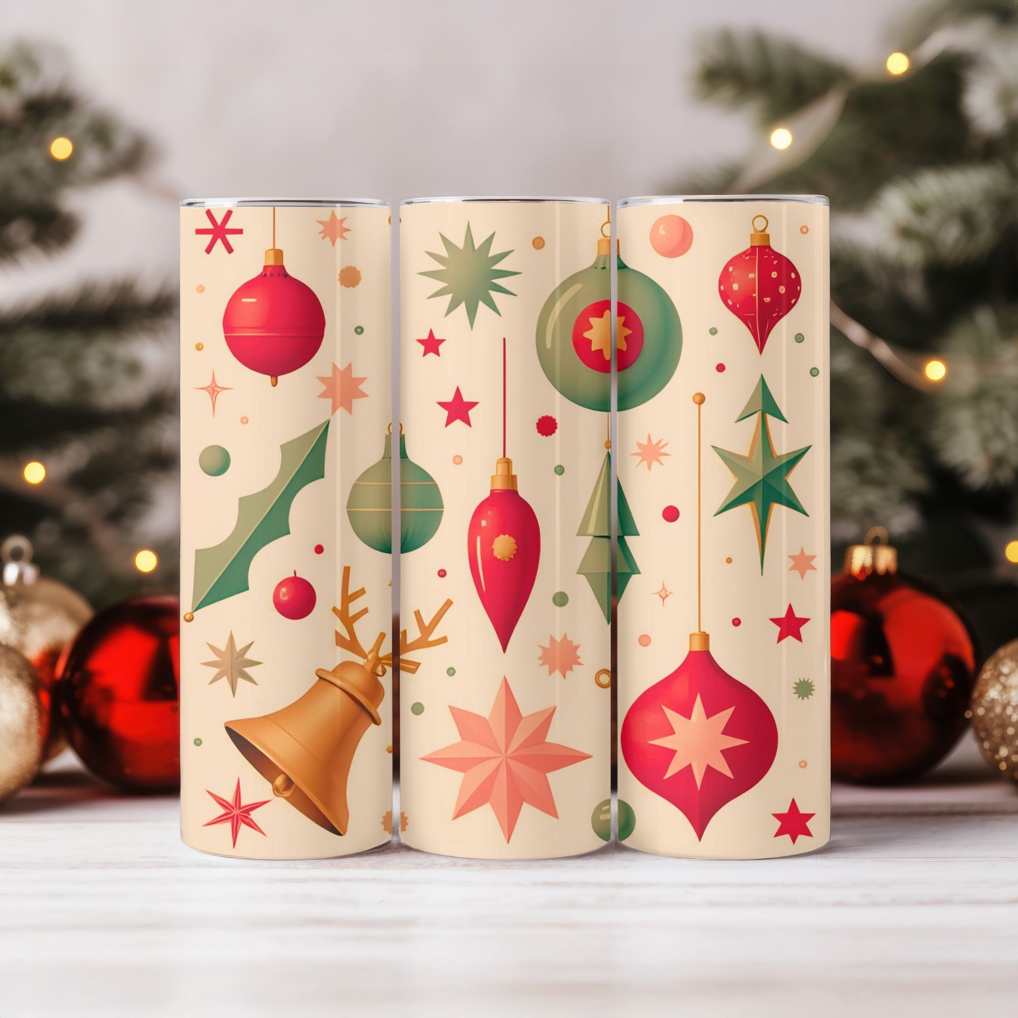 5 Christmas Ornament Tumbler Set. Sublimation Tumble Wraps | 20oz Skinny/ Straight PNG | Digital Download