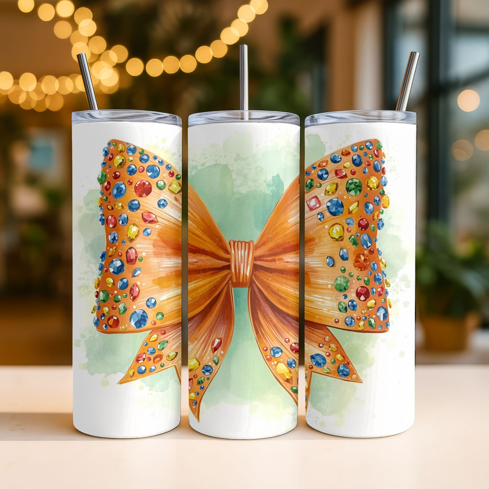 Watercolour Embellished Orange Bow 8 Tumbler wrap | Digital Downloads | Sublimation