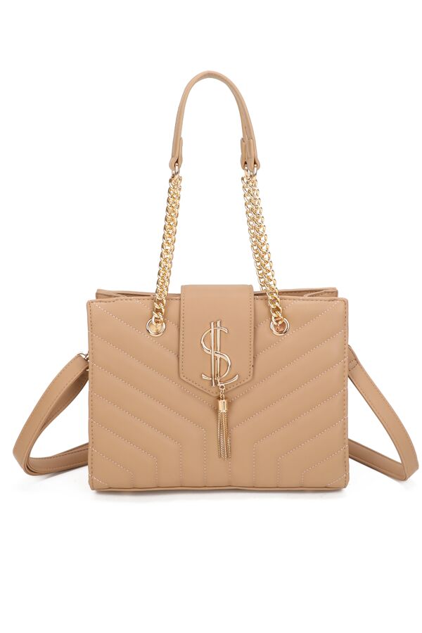 Beige Quilted Handbag with Gold Chain Straps