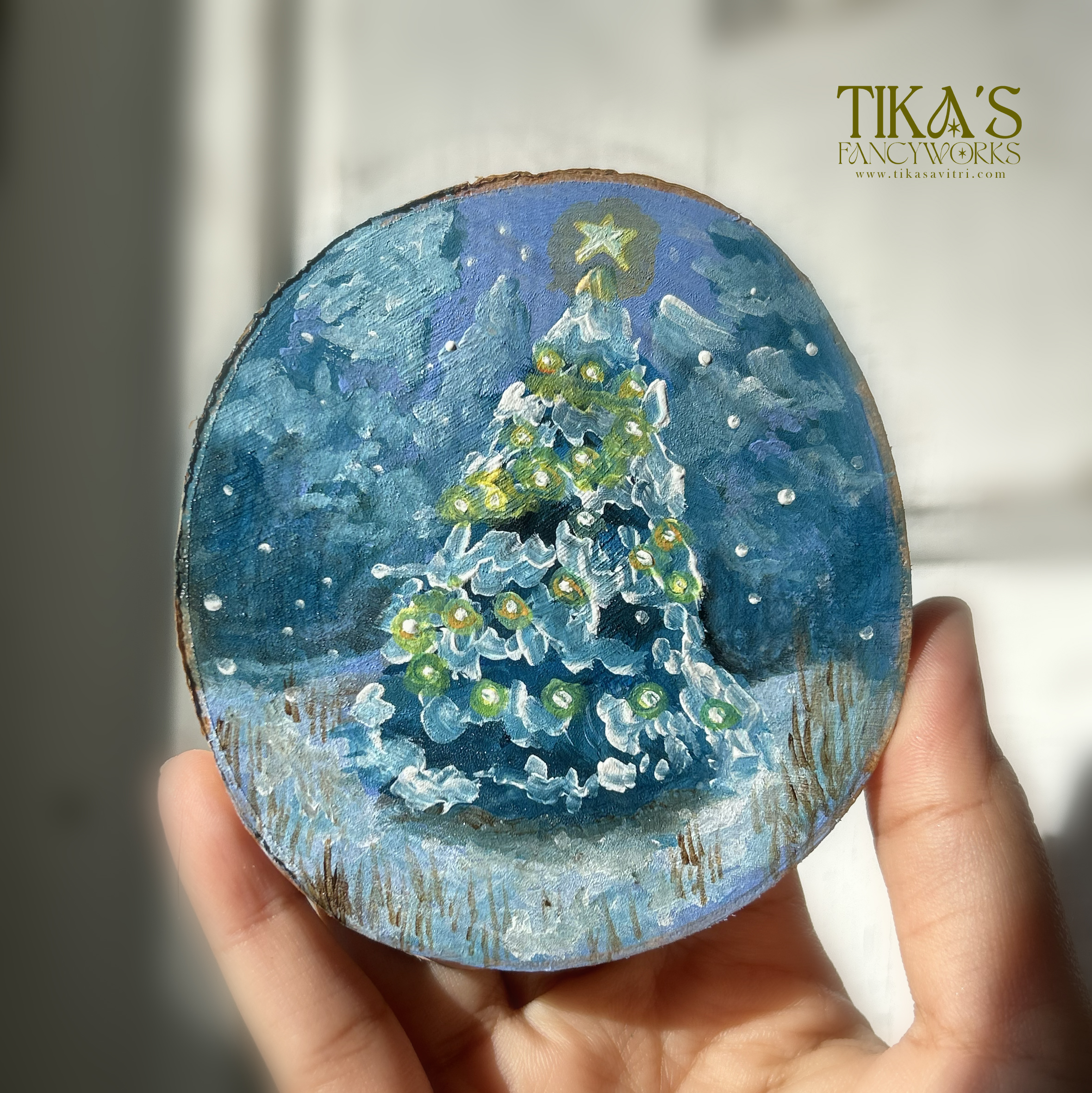 Mini Christmas Tree in Snowy Forest Landscape Painting