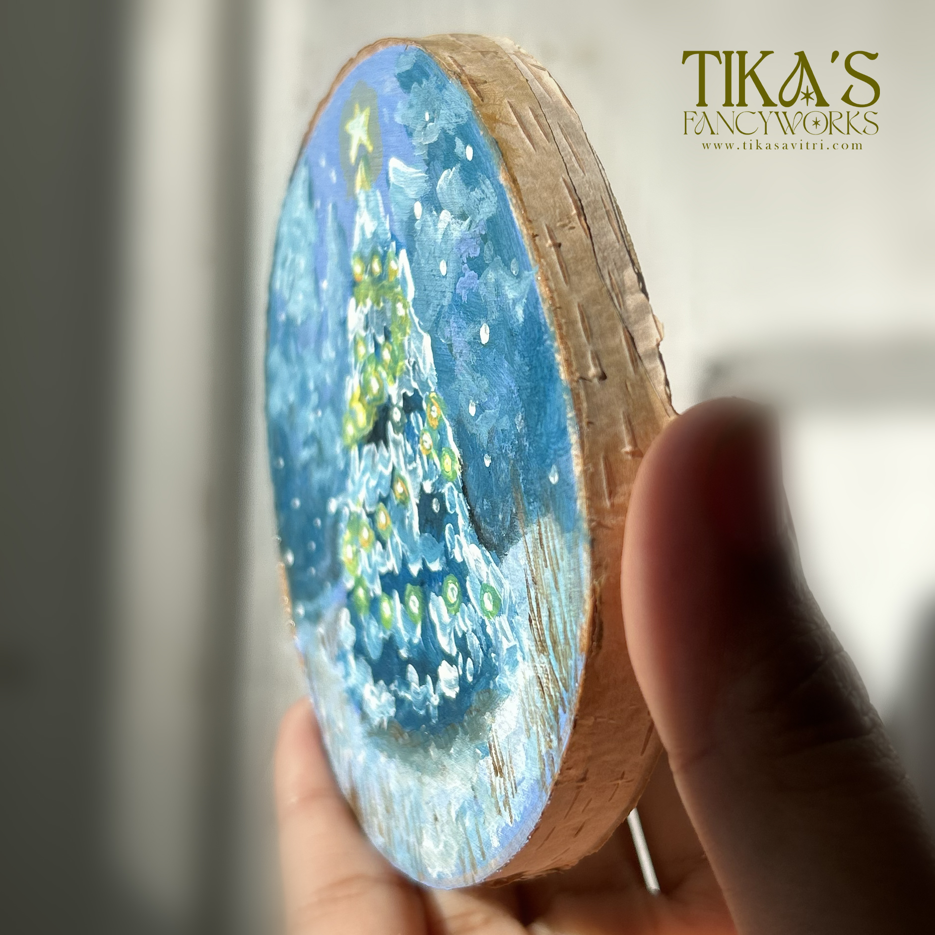 Mini Christmas Tree in Snowy Forest Landscape Painting