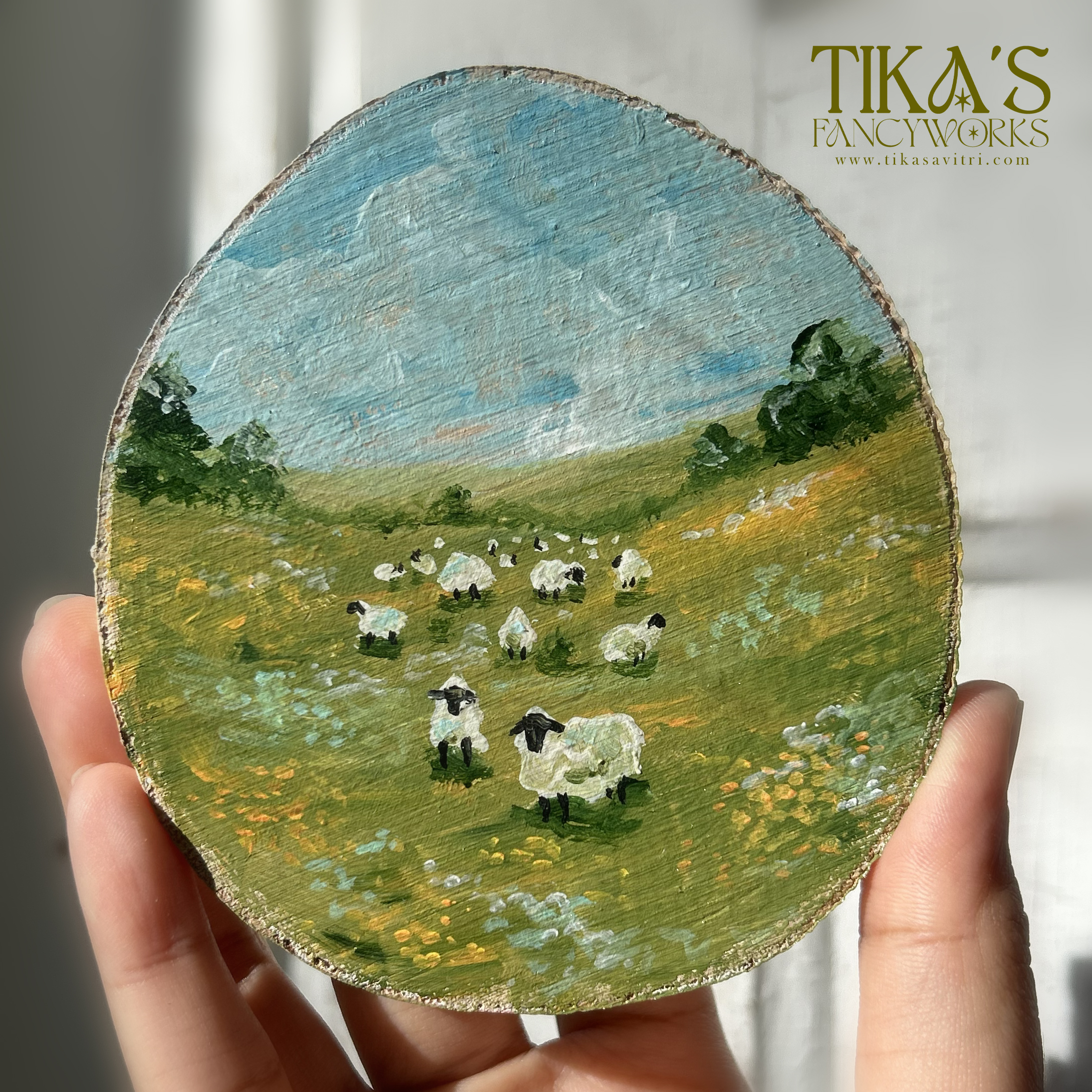 Mini Sheep in Green Landscape Painting