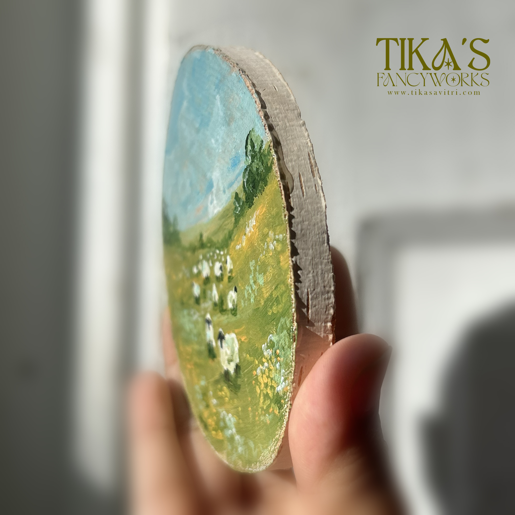 Mini Sheep in Green Landscape Painting