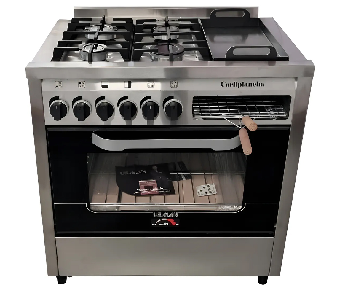 Cocina Usman Industrial 4+carli-plancha puerta visor 4 hornallas + plancheta+ carlitero