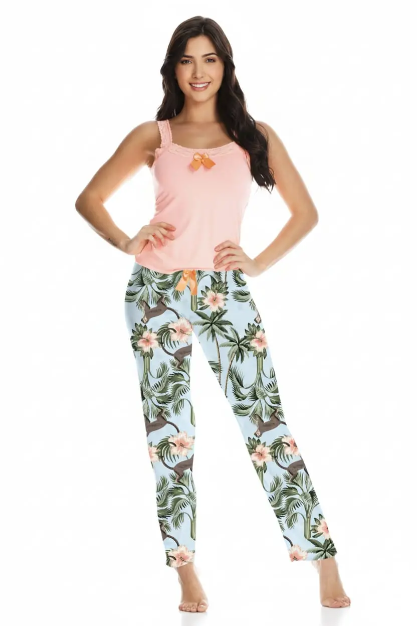 Conjunto pantalon palmas blusa rosada