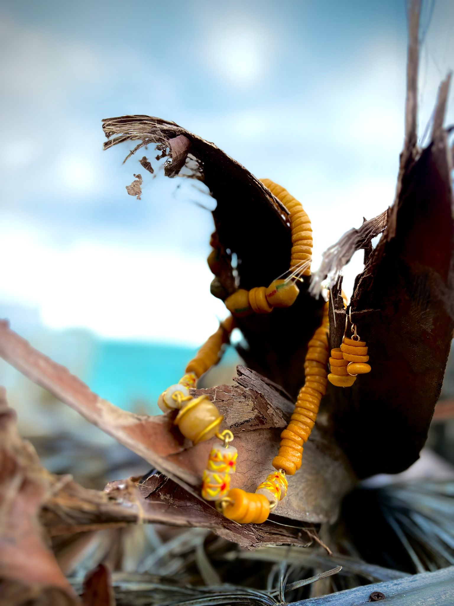 African Handmade Yellow Glass Stone Bead Necklace, Bracelet & Earrings Set