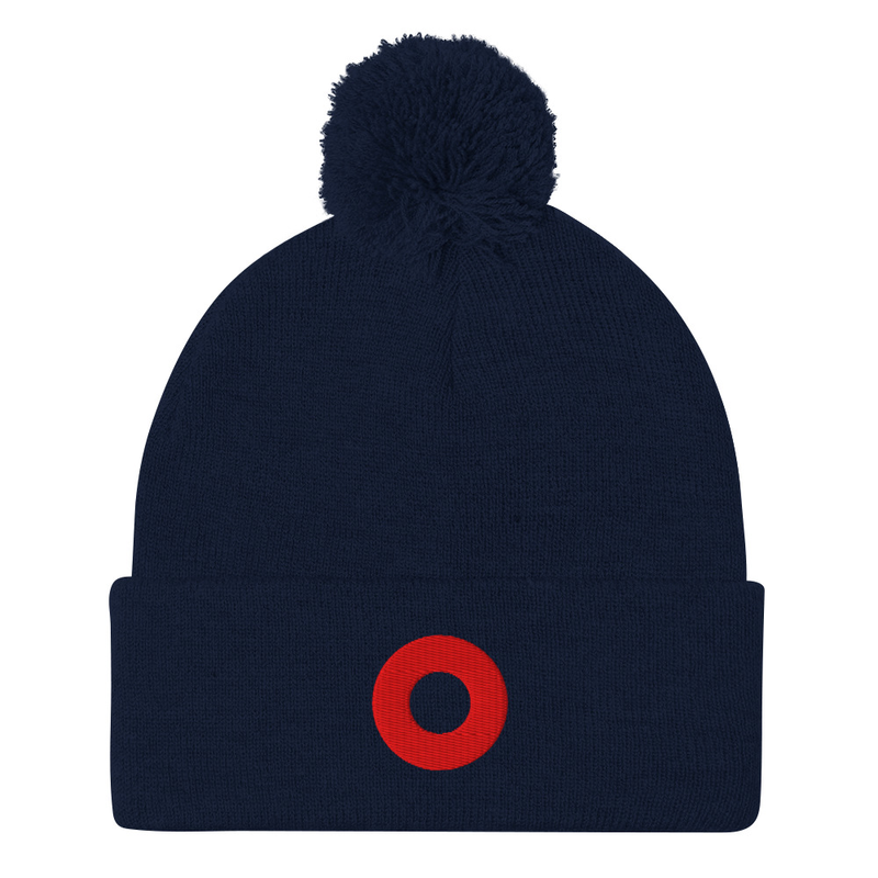 Red Circle Donut Embroidered Pom Pom Knit Beanie