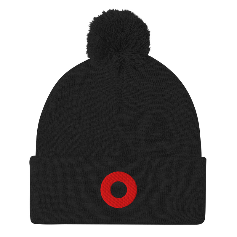 Red Circle Donut Embroidered Pom Pom Knit Beanie