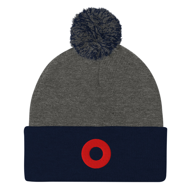 Red Circle Donut Embroidered Pom Pom Knit Beanie