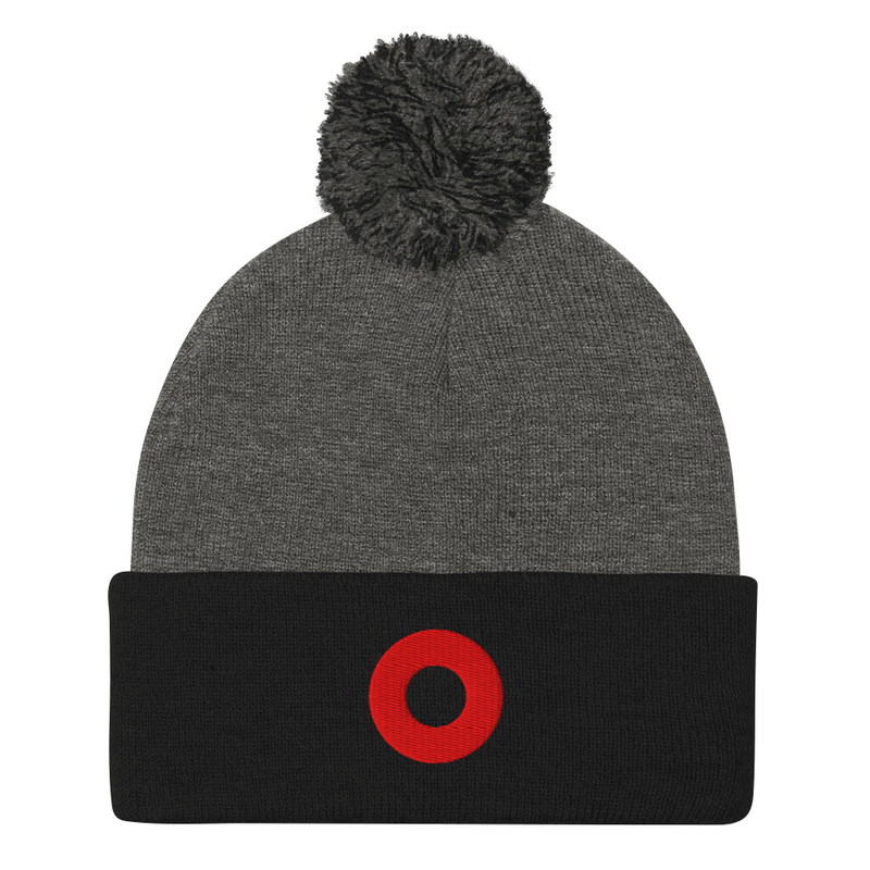 Red Circle Donut Embroidered Pom Pom Knit Beanie