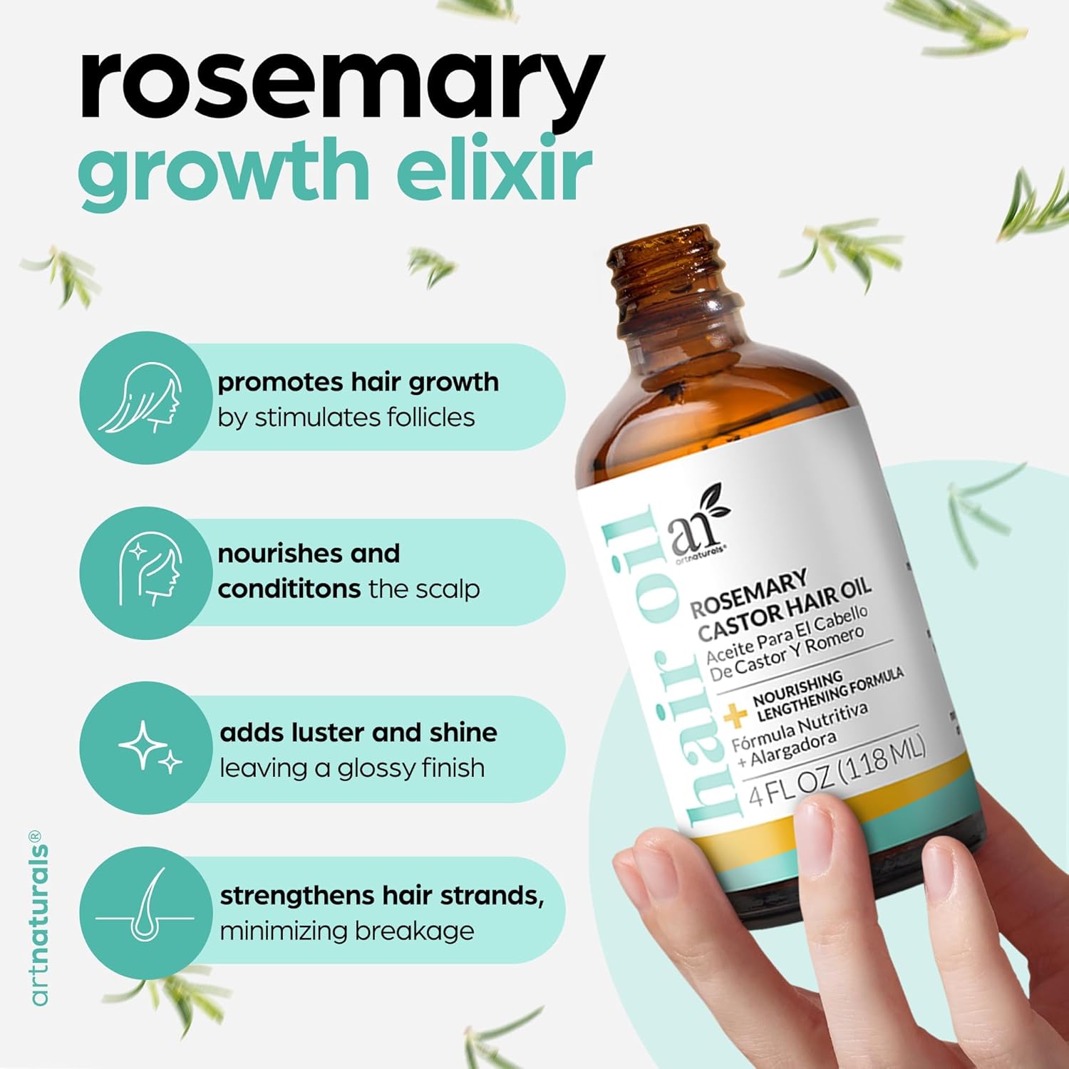 ArtNaturals Organic Rosemary & Castor Hair Growth Oil + Scalp Massager Set