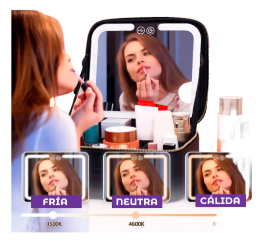 Maletín organizador de maquillaje con espejo LED