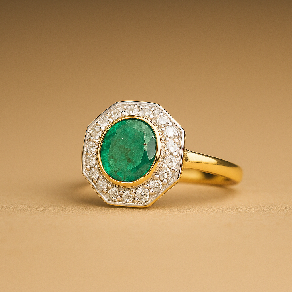 Emerald and Diamond Halo Ring