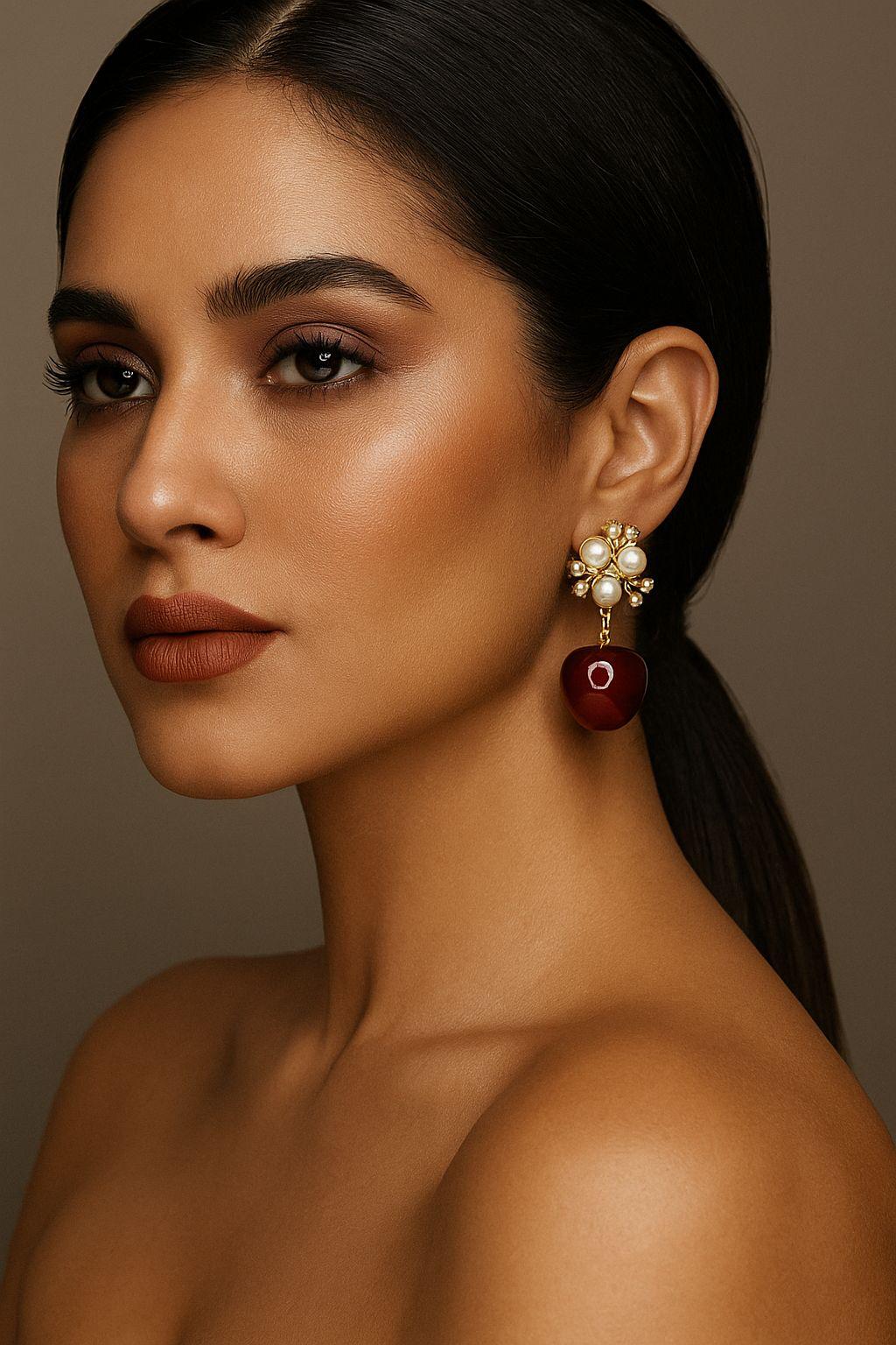 Pearl and Red Drop Statement Earrings