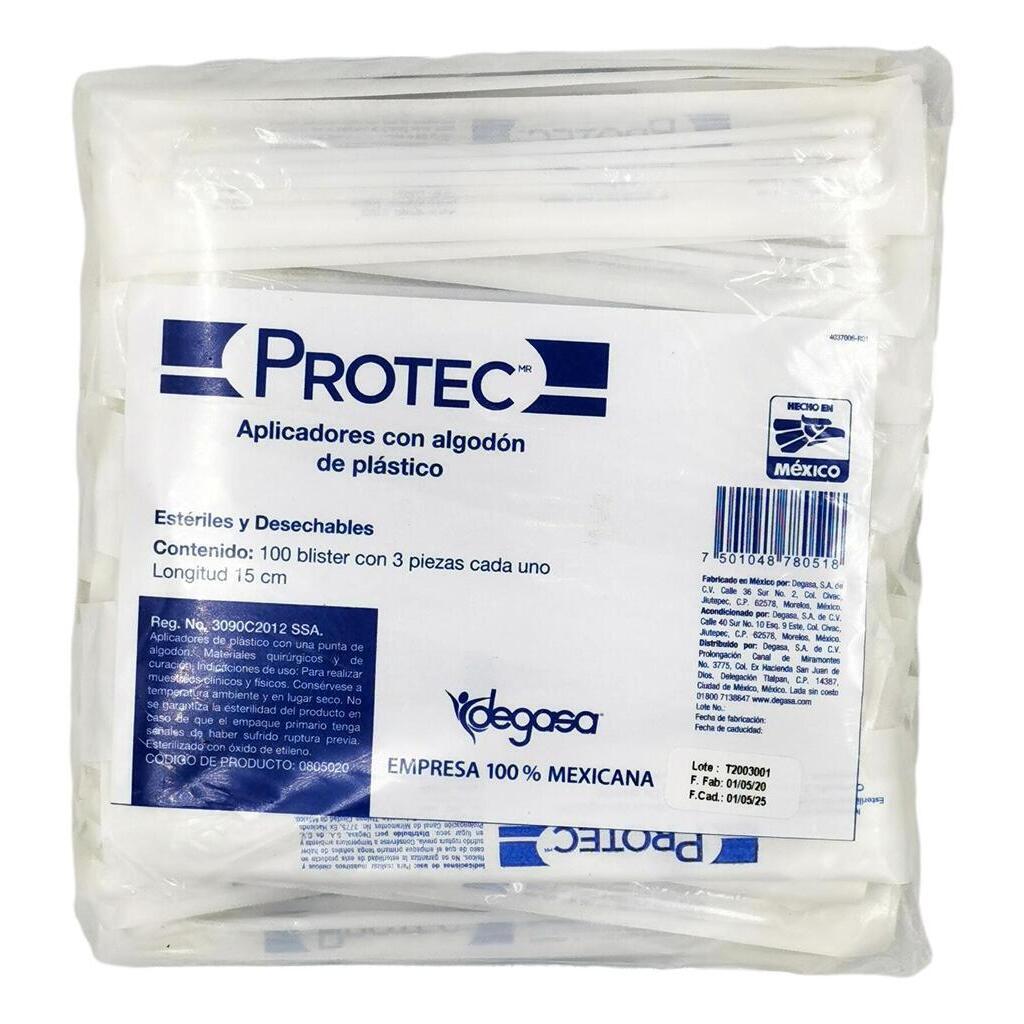 Aplicadores con algodón de plástico PROTEC 100 paq c/3pz