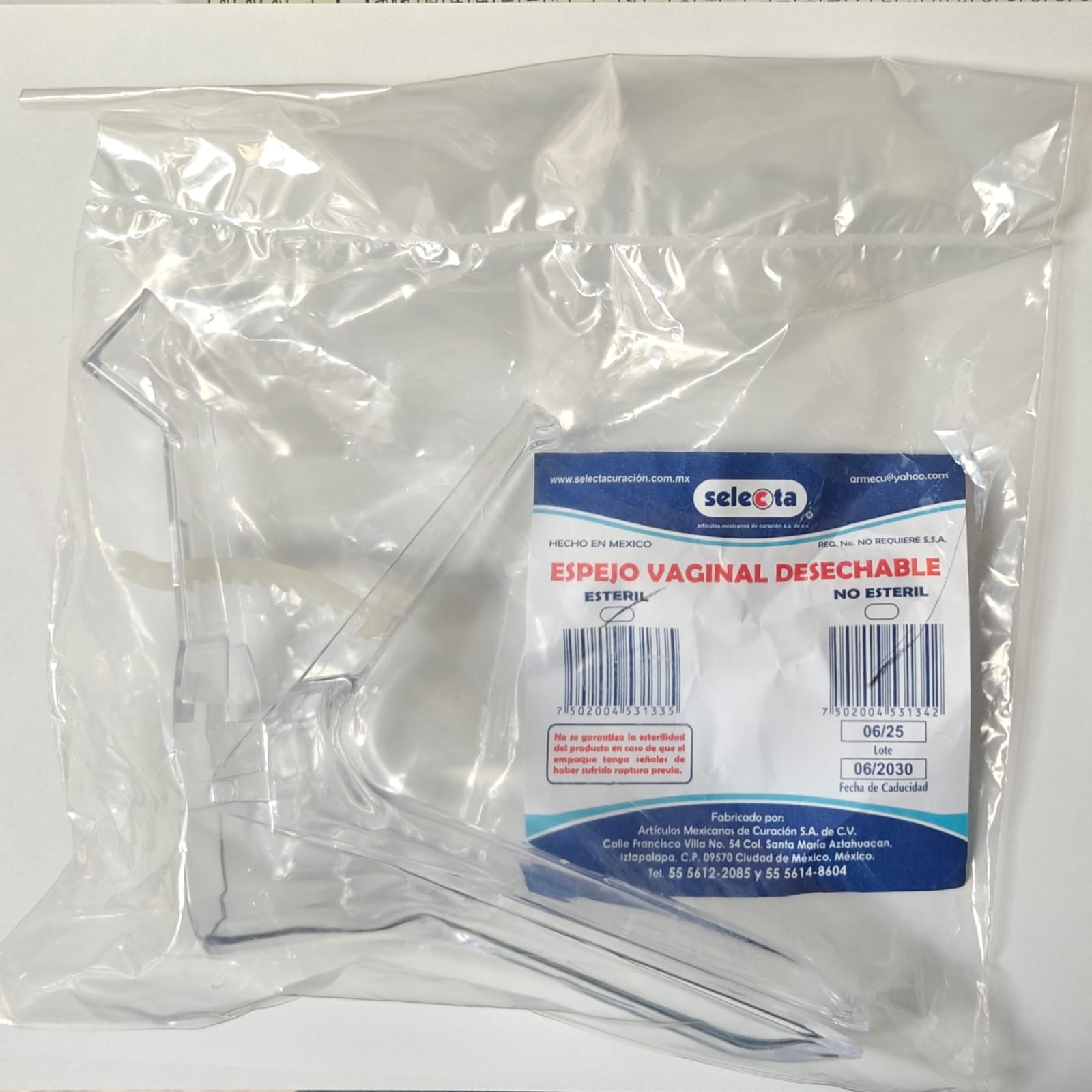 Espejo vaginal de cremallera desechable ch, no estéril SELECTA