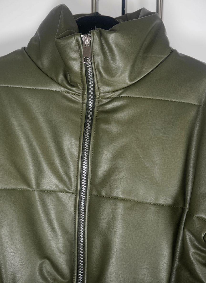 Olive Green Faux Leather Puffer Jacket