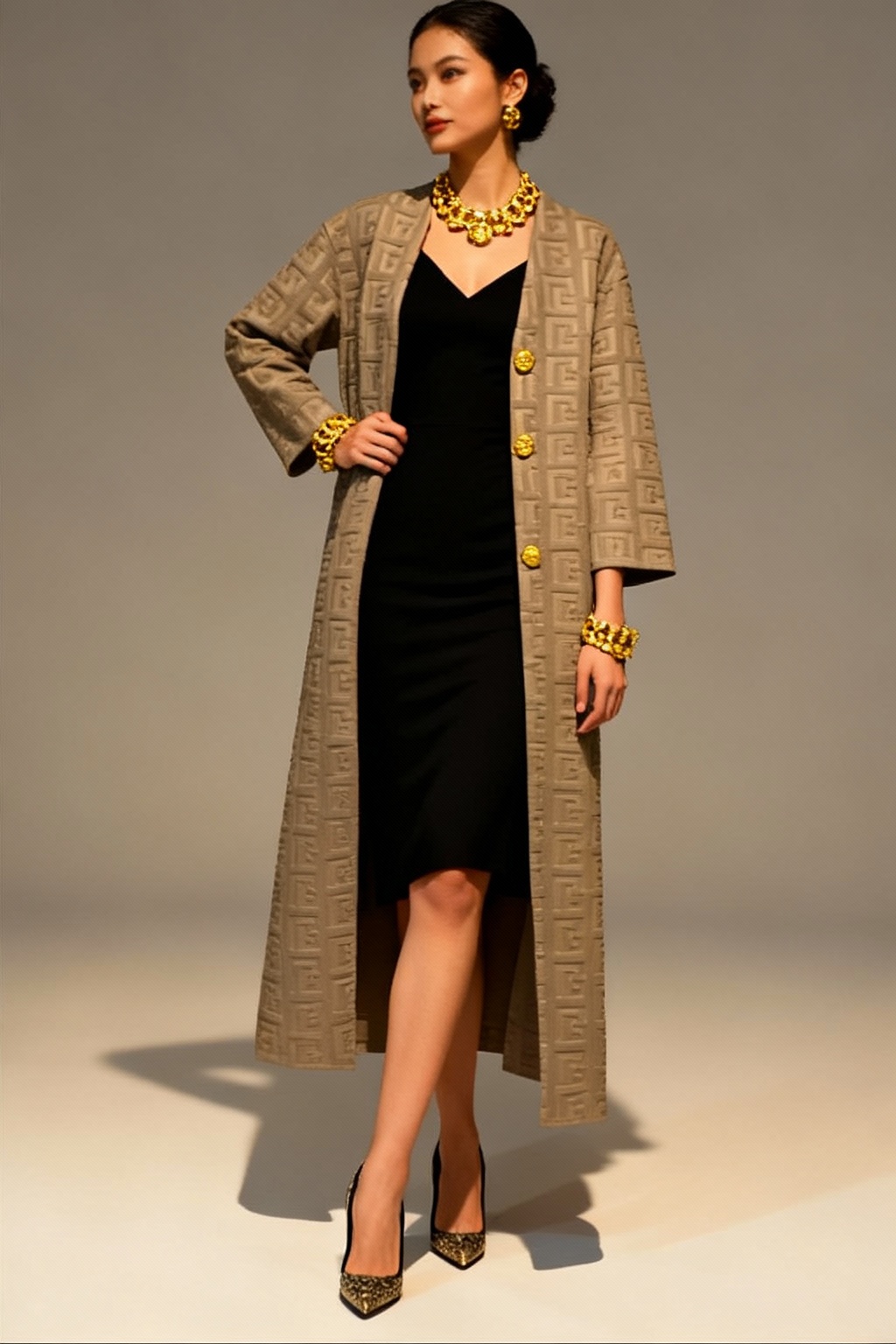 Beige Embossed Long Coat