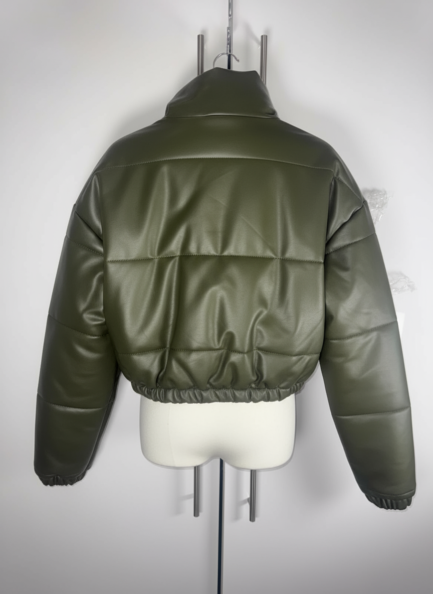 Olive Green Faux Leather Puffer Jacket