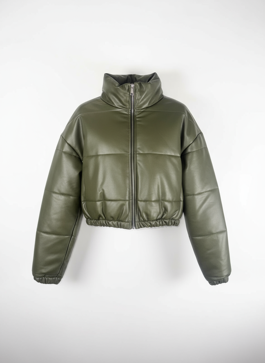 Olive Green Faux Leather Puffer Jacket