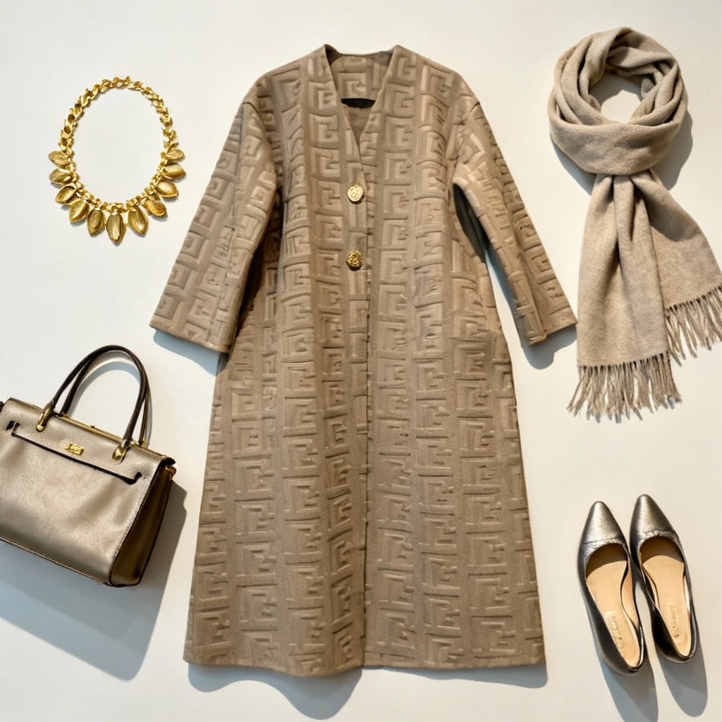Beige Embossed Long Coat