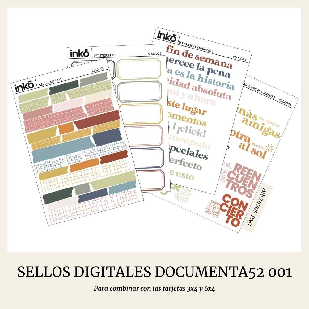 Set sellos digitales Documenta52 (washitapes, etiquetas, frases cotidiano)